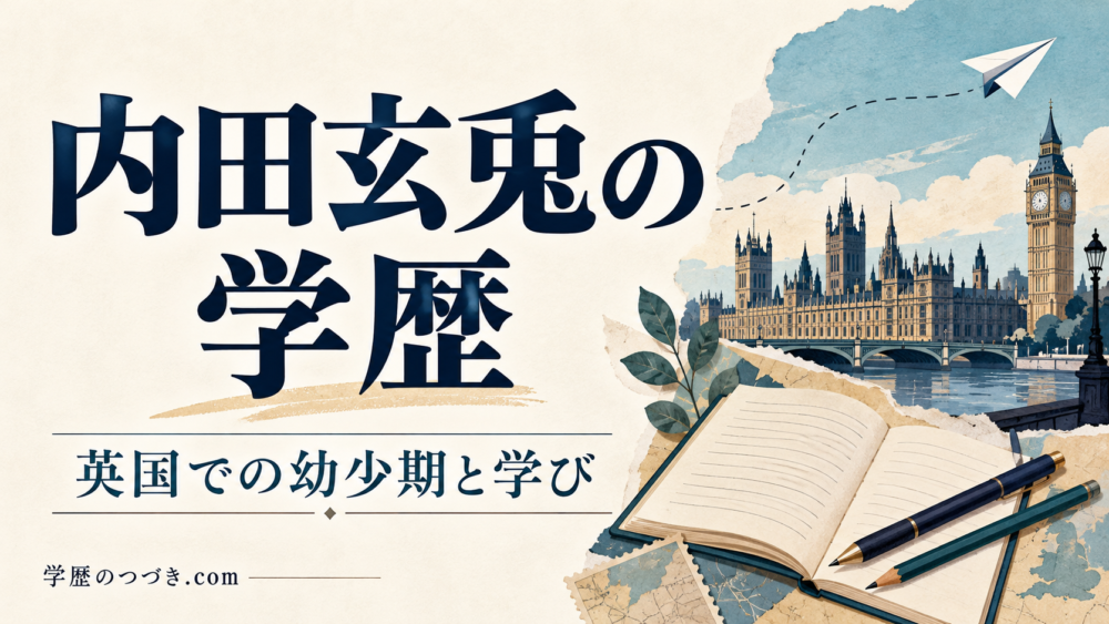 内田玄兎の学歴。英国での幼少期と学びを表すロンドンの街並みとノートのイラスト