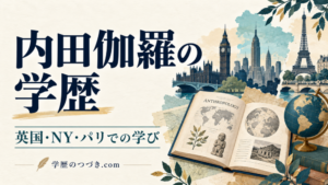 内田伽羅の学歴。英国・ニューヨーク・パリの街並みと人類学の本を描いたイラスト