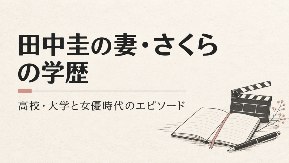 田中圭の妻・さくらの学歴。高校・大学と女優時代のエピソードを紹介する、ノートと映画のカチンコのイラスト。