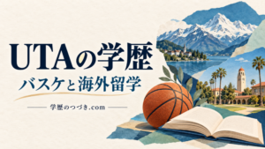 UTAの学歴。バスケットボール、山並み、キャンパスを組み合わせた海外留学のイメージイラスト